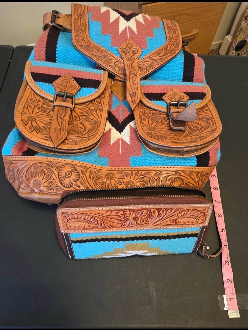 American Darling Turquoise and Brown Tooled Leather Southwestern Backpack
